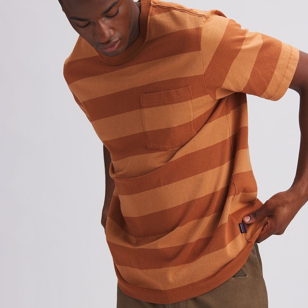 Patagonia Men's Organic Cotton Midweight Striped Pocket T Shirt Orange Brown L